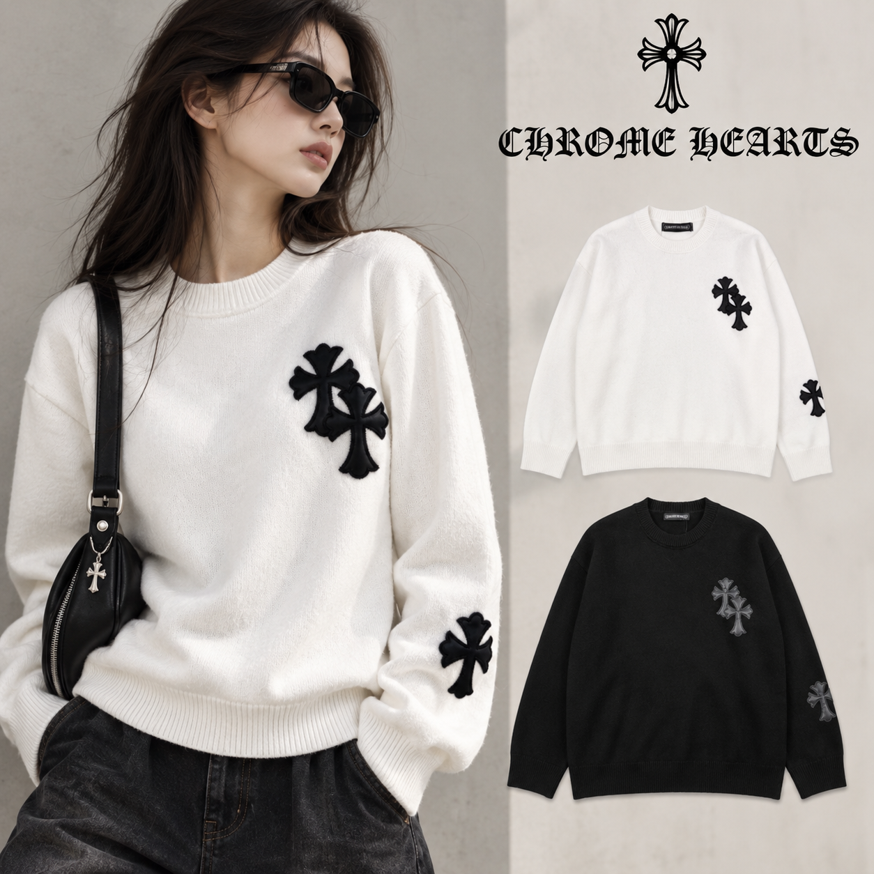 Chrome Hearts クロムハーツ クロスデザイン 丸首セーター TM1233 ホワイト/ブラック - Detail image 2