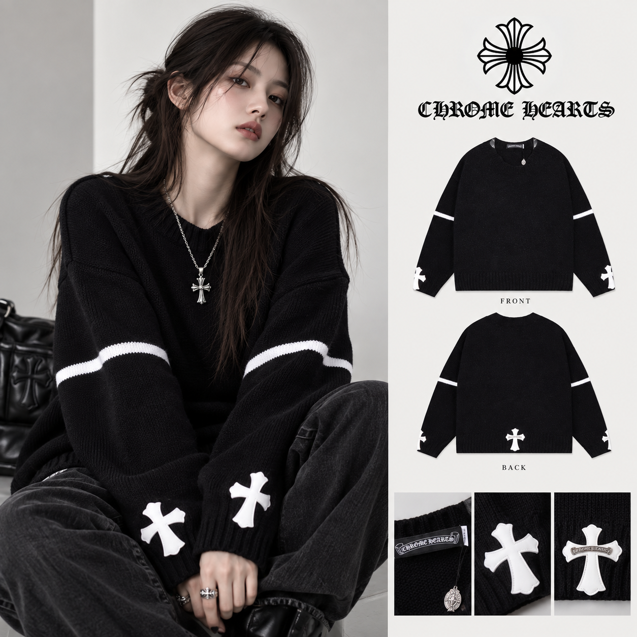 Chrome Hearts クロムハーツのオープンネックレザー&メタルディテールニットセーター - Detail image 2