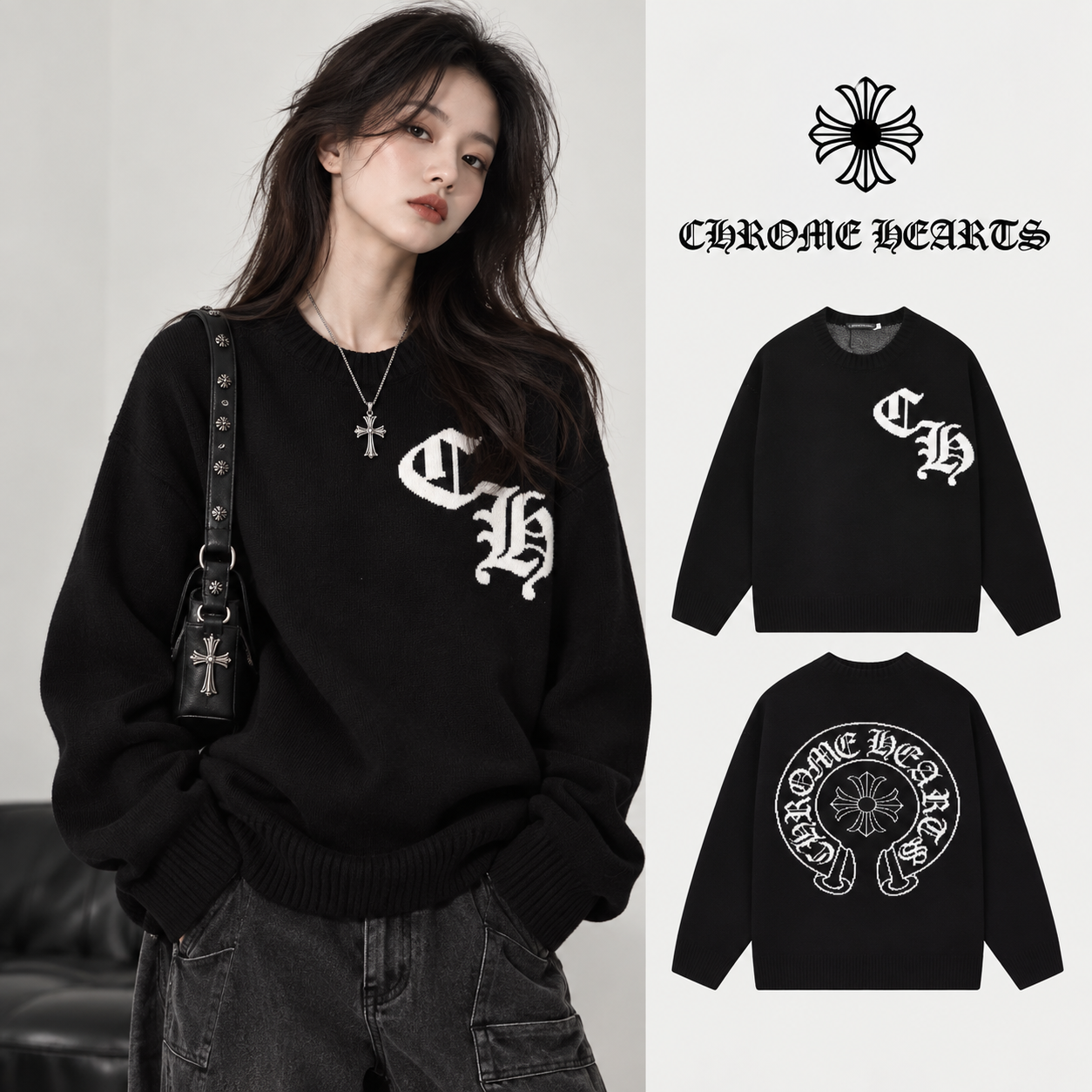 Chrome Hearts クロームハーツ クラシック ホースシュー デザイン 丸首 ウールセーター オレンジ/ブラック - Detail image 2