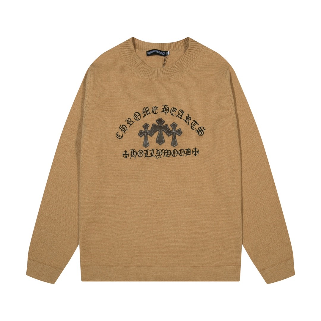 Chrome Hearts クロムハーツ 十字架レザー五金刺繍 クルーネックセーター レッド/ブラウン/ブラック - Detail image 3